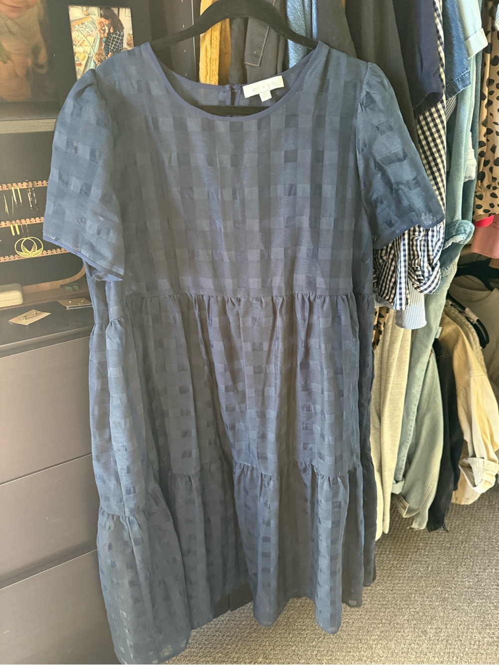 Navy Check Tiered Midi Dress
